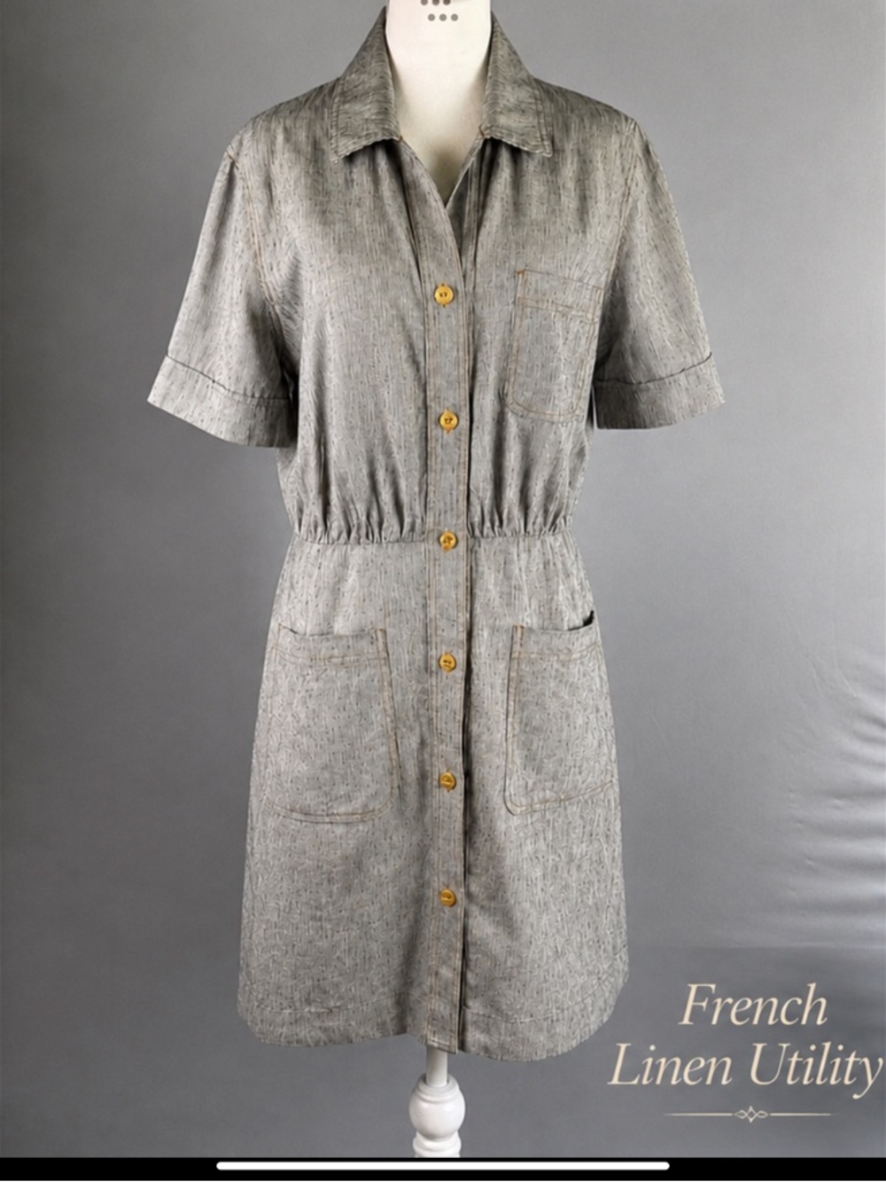 Sessùn French Linen Utility Dress Button Front Safari Mini Dress Neutral Stripe